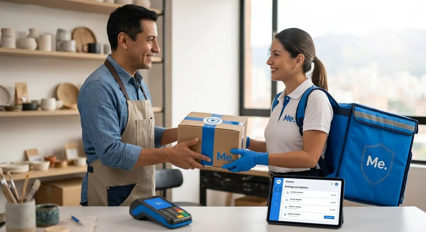Comerciante entrega un paquete a una socia de MakroEnvios